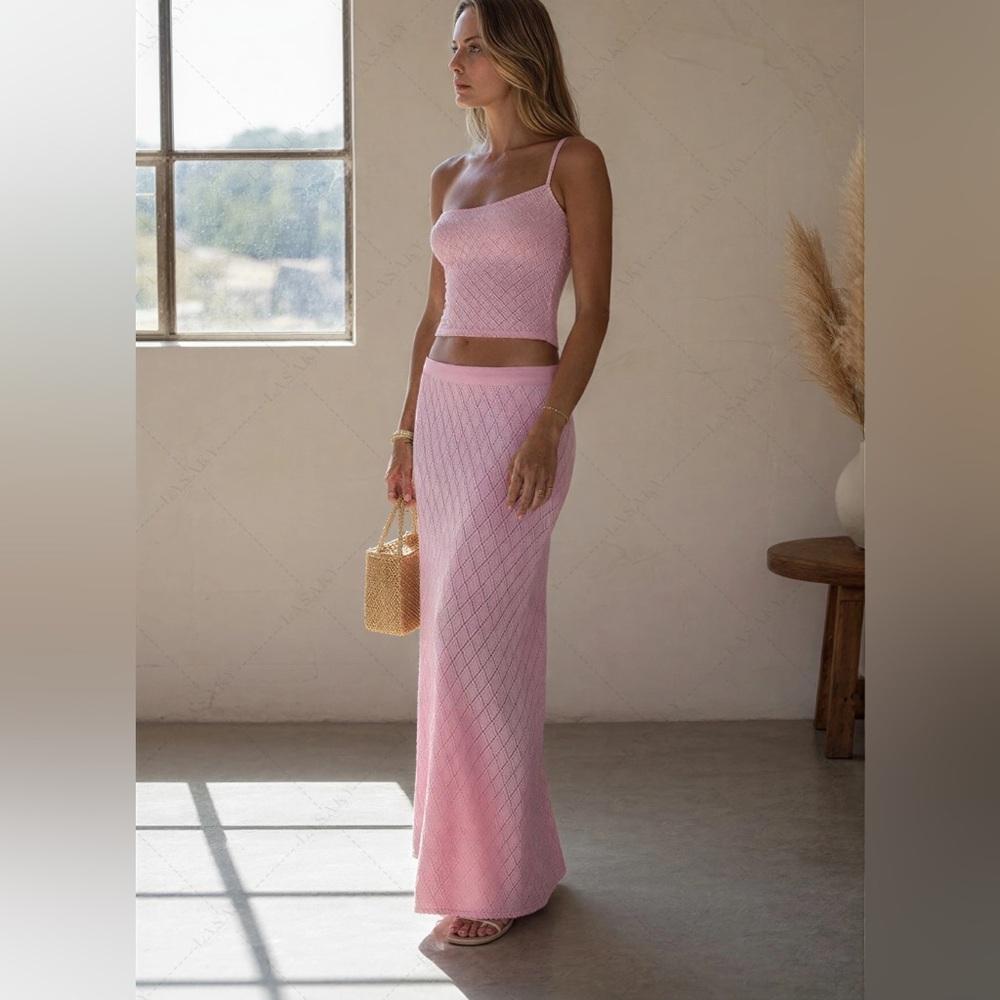 Elegant beachwear 2 Pc crop top tank maxi skirt crochet outfit set pink m new